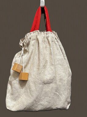 Double Handle Pouch Bag with Wood Block Aglet Drawcord, Natural Canvas